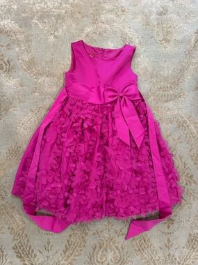 Fuchsia Floral Appliqué Party Dress with Bow Waist